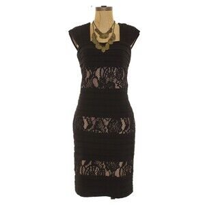 Adrianna Papell Knee Length Dress Size 8 Striped Lace Panels Black EUC B7